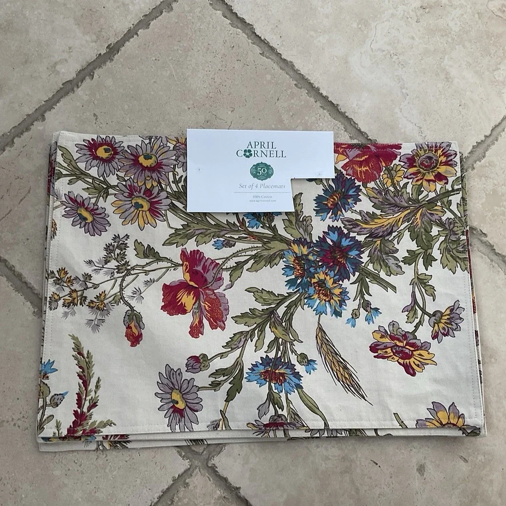 NWT April Cornell Placemats 14x19 Wildflowers Set Of 4 100% Cotton‎ Beige, Green